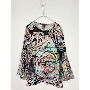 Ali Miles Blouse Womens L Black Floral Colorful Bell Sleeves Artsy Tunic Shirt